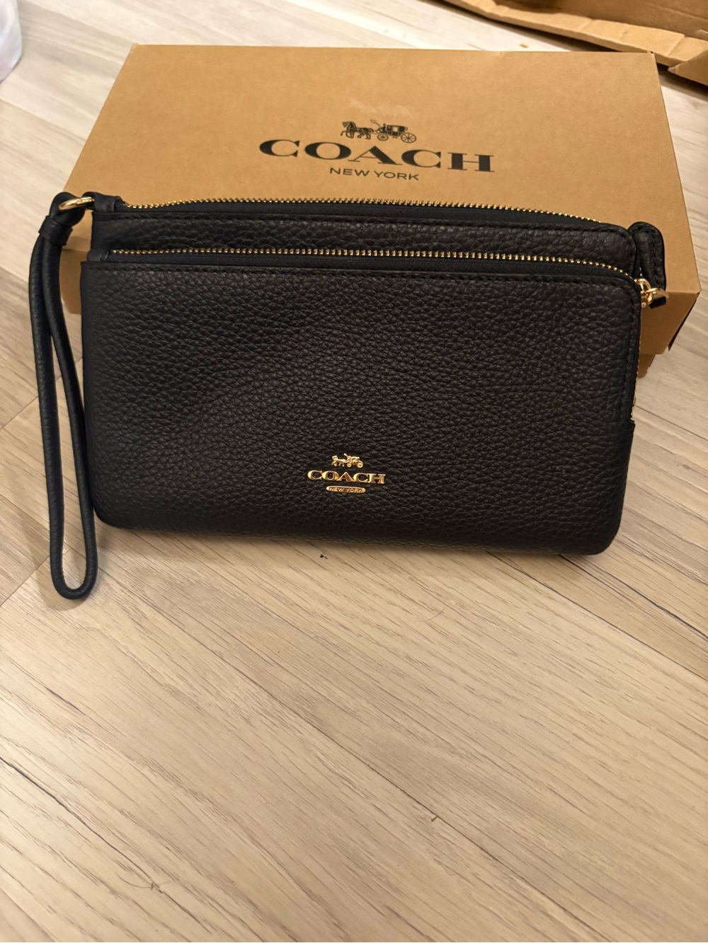 Coach Black Pebbled Leather Wristlet with Gold Logo